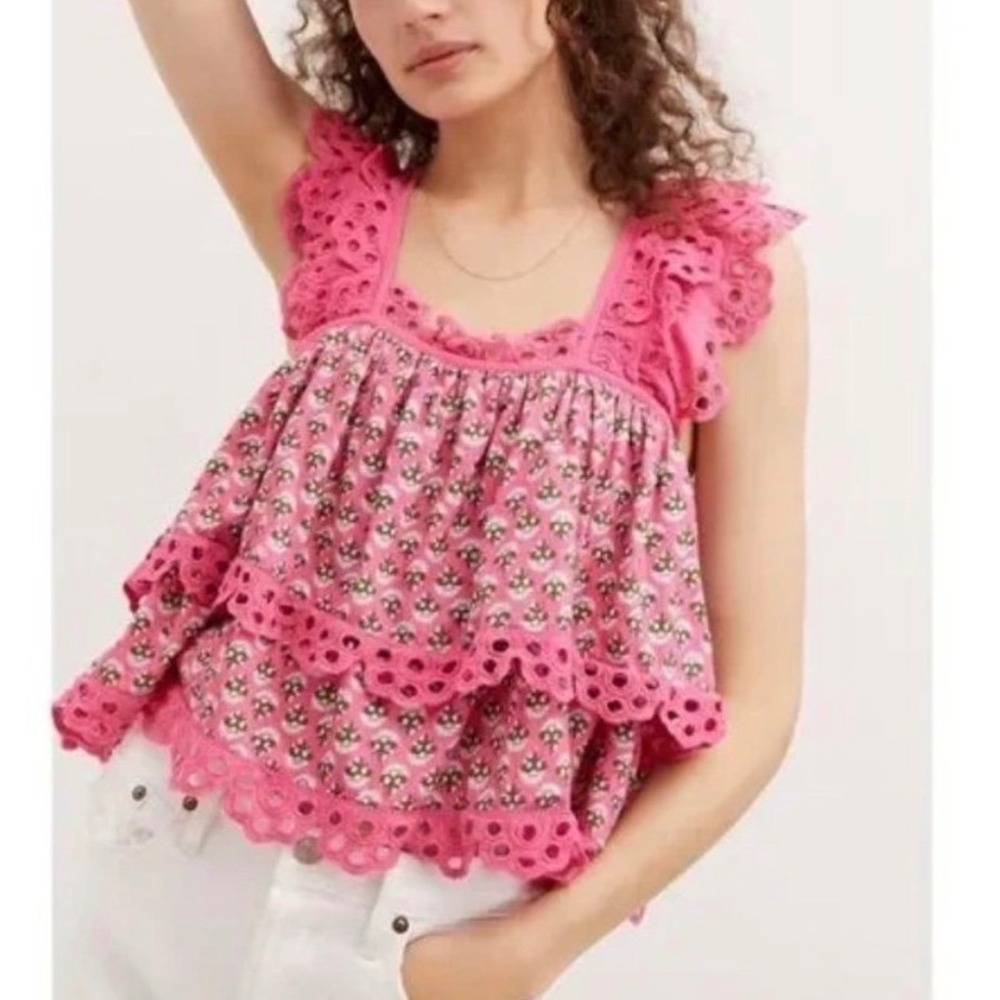Anthropologie Let Me Be Layered Ruffle Tiered Pink Floral Eyelet Swing Top - XS